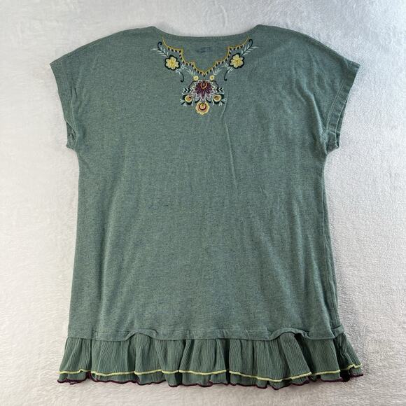 Soft Surroundings Small S Top Green Floral Embroidered Blouse Scoop Neck Boho - Picture 8 of 10